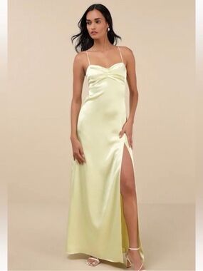 Lulus Stunning Example NWT size XS Light Yellow Satin Backless Maxi Dress Flawed